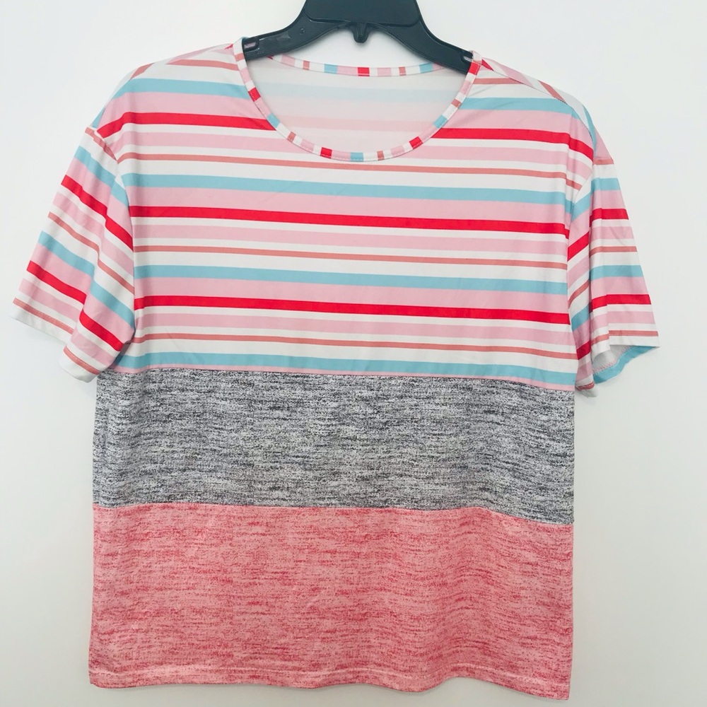 Women's Plus Size Colorblock Stripe Print Short Sleeve Round Neck Blouse - 1XL
